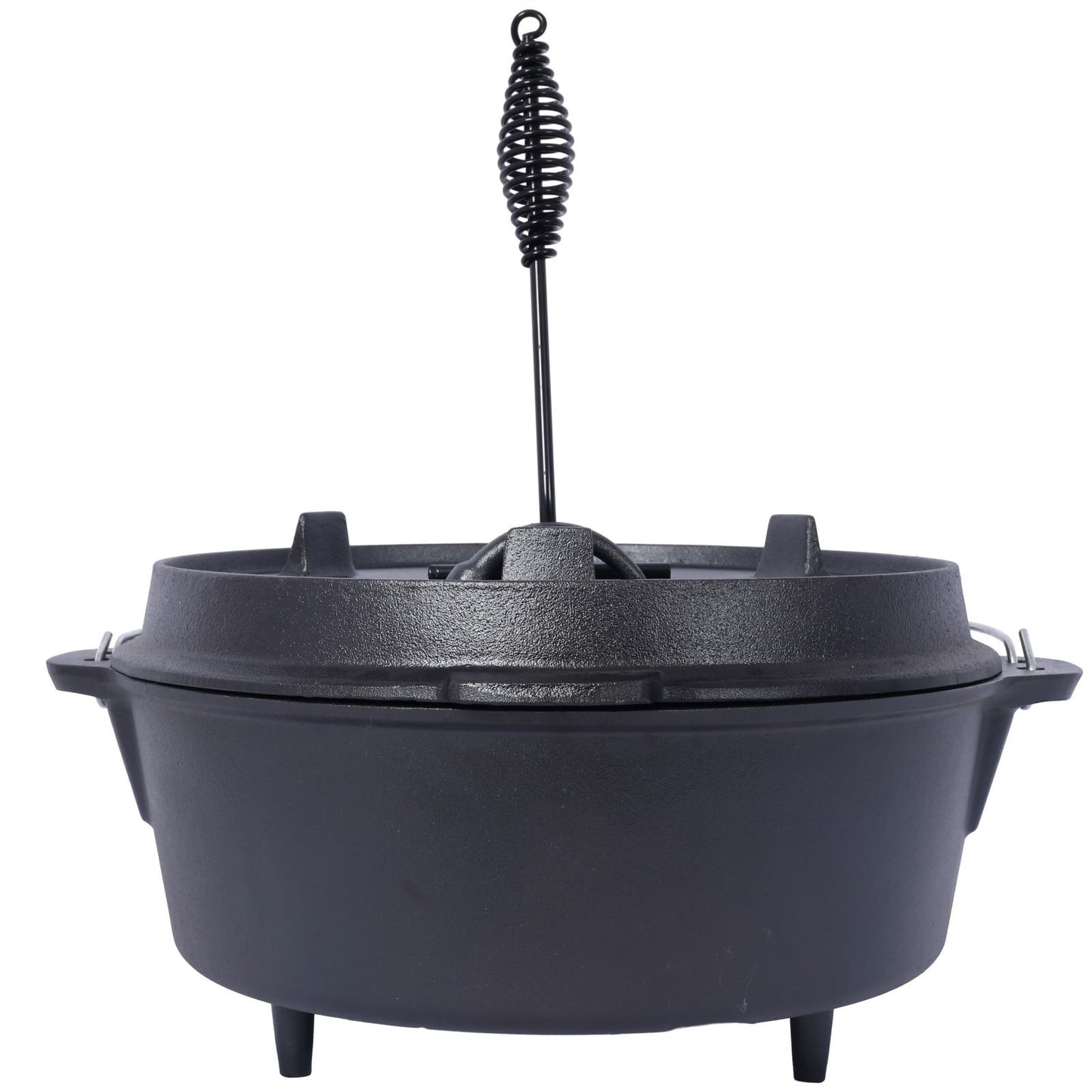 Side view of the cast iron Dutch oven with a lid lifter, showcasing its durable design for outdoor cooking, baking, and barbecuing.