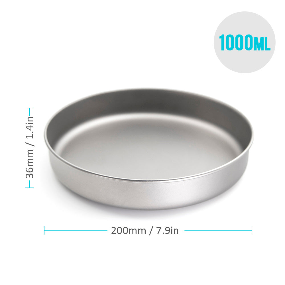 Ultralight titanium frying pan with 1000ml capacity, 200mm diameter, and 36mm depth. Perfect for outdoor camping, hiking, and picnic cooking.