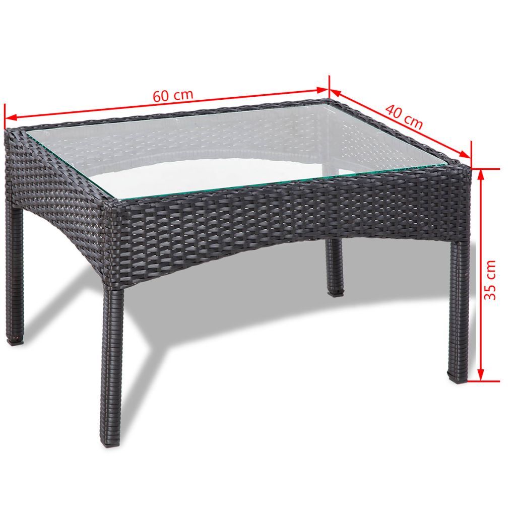 vidaXL black poly rattan patio coffee table with glass top, measuring 60 cm x 40 cm x 35 cm. Stylish outdoor furniture piece for lounge sets.