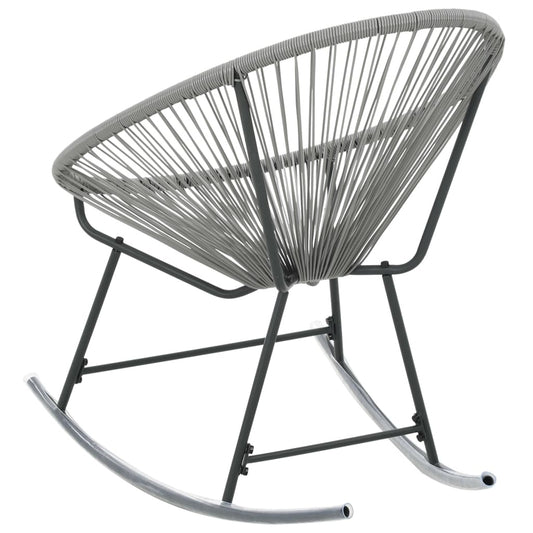 vidaXL Outdoor Rocking Moon Chair in grey poly rattan with a sturdy metal frame. Stylish and comfortable patio furniture for outdoor relaxation.