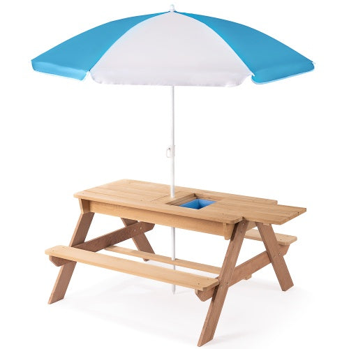 3-in-1 Kids Outdoor Wooden Picnic Table With Umbrella, Convertible Sand And Water Kettle