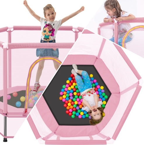 55'' Toddlers Trampoline With Safety Enclosure Net And Balls, Indoor Outdoor Mini Trampoline For Kids