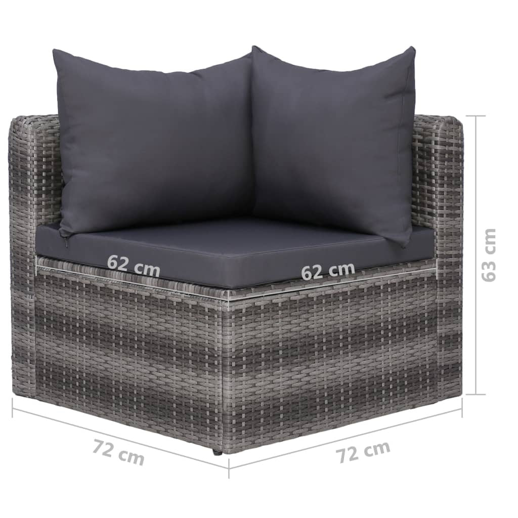 vidaXL patio corner sofa piece in gray poly rattan with dark cushions and pillows, featuring a sturdy frame and comfortable seating. Dimensions: 72x72x63 cm.