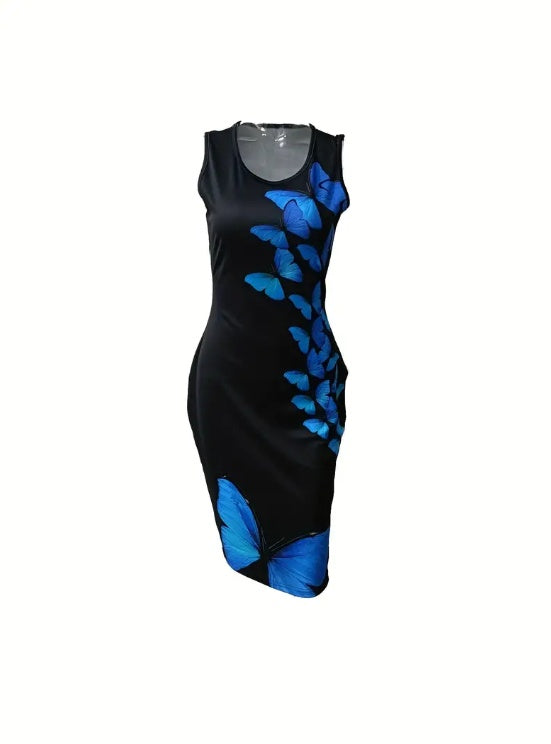 Sleeveless black dress with a blue butterfly print, featuring a round neckline and body-hugging fit for a stylish look.