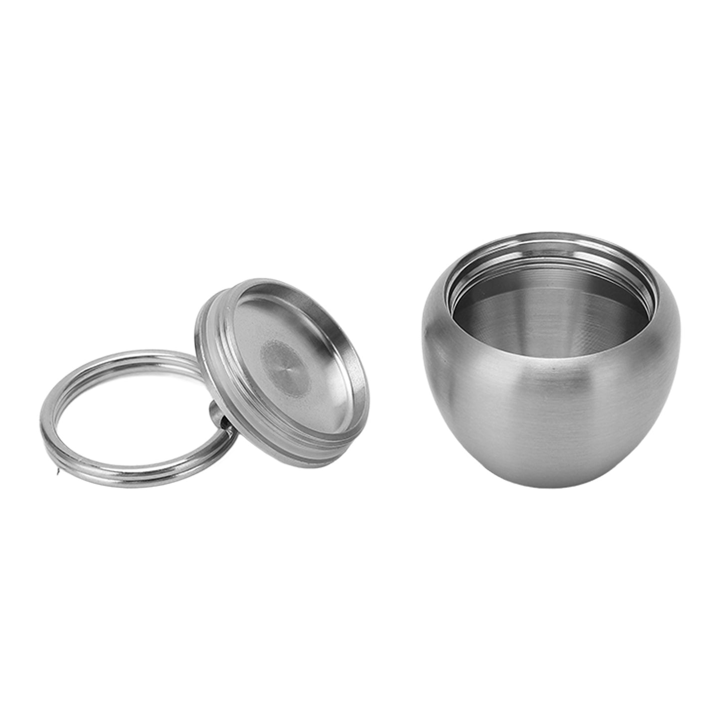 Stainless steel apple-shaped mini pill case with a secure screw-on lid and keychain attachment. Compact and portable for storing small medicine doses.