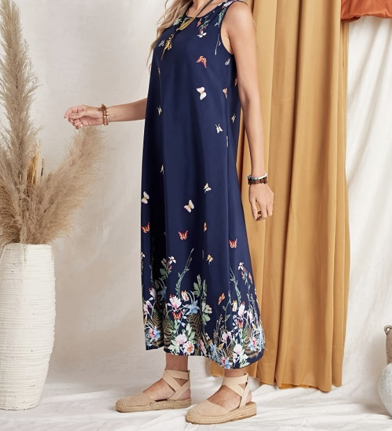 Ladies' Printed Butterfly Round Neck Off Shoulder Fashionable Casual Jumpsuit Long Skirt