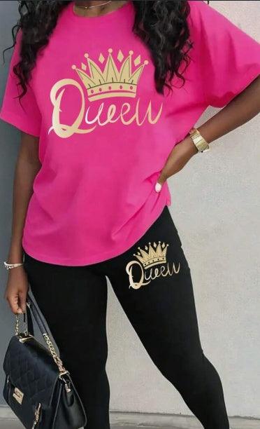 Fashionable Crown & Letter Print Short Sleeve Top And Leggings Set, Two Piece Outfit