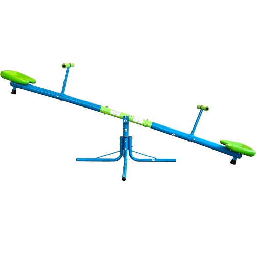 Upgraded seesaw with 360-degree swivel for toddlers, featuring a sturdy blue and green design. Ideal outdoor play equipment for backyard playgrounds.