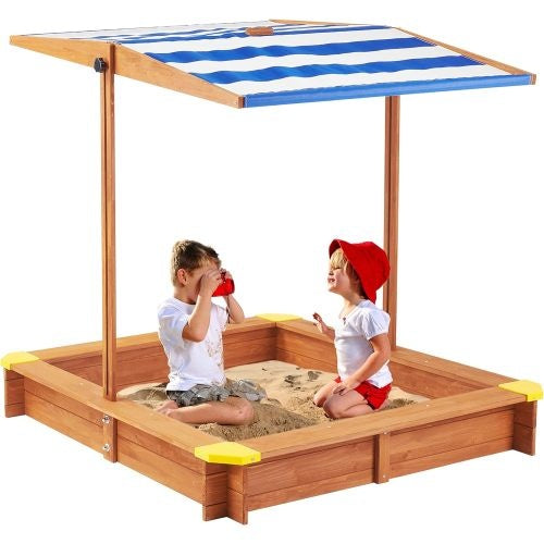 46 Inches Wooden Sandbox With Adjustable Canopy, Large Outdoor Cedar Bunker