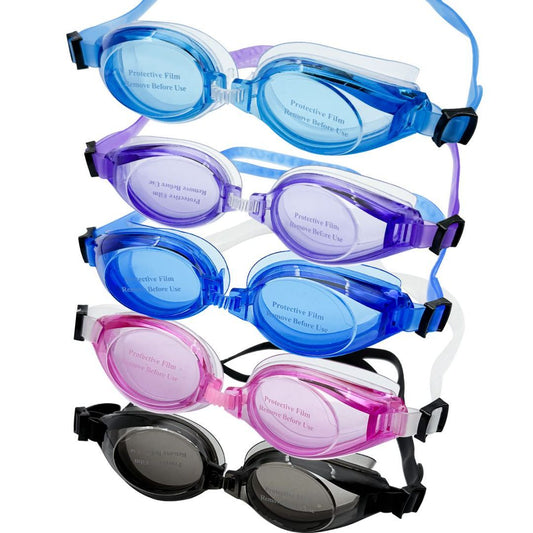 Top 5 swimming goggles in assorted colors with adjustable straps and anti-fog lenses. Perfect for water sports and swimming enthusiasts.