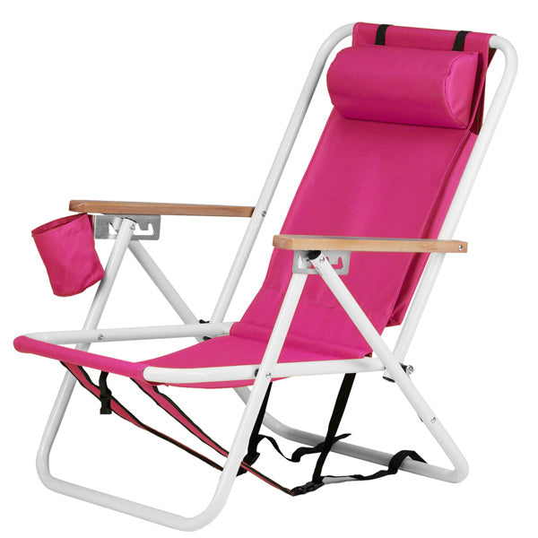 Pink beach chair with white metal frame, wooden armrests, and a built-in cup holder. Features an adjustable reclining backrest and padded headrest.