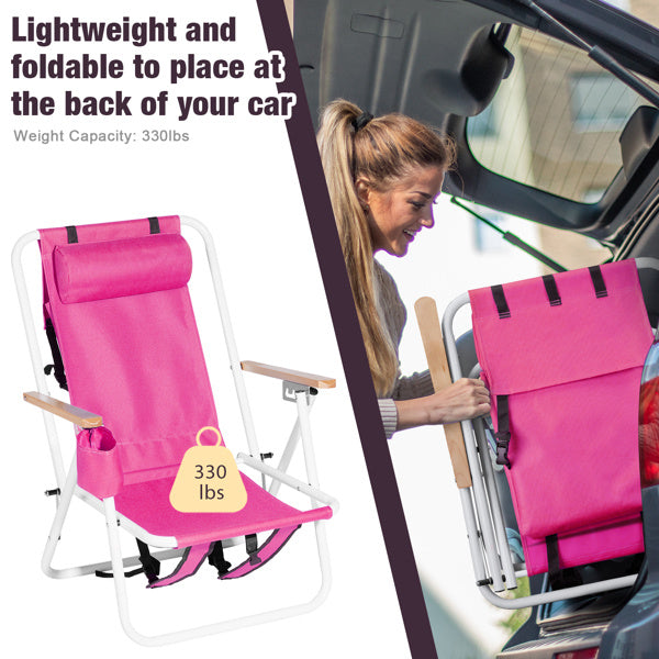 Lightweight and foldable pink beach chair being placed in a car trunk. Supports up to 330 lbs for convenient portability.