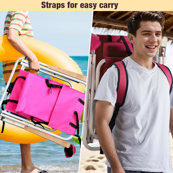 Collage showing different carrying options for the pink beach chair, including backpack straps and hand-carrying. Designed for easy transport.