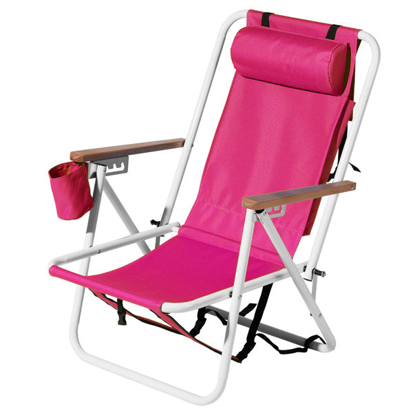 Pink reclining beach chair with a sturdy white metal frame, wooden armrests, and a built-in cup holder. Comfortable and stylish outdoor seating.