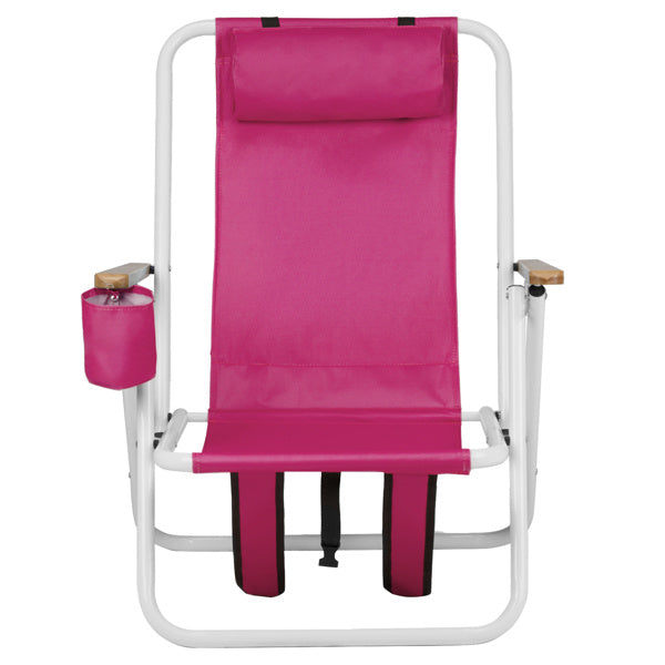 Front view of the pink beach chair with a padded headrest, cup holder, and sturdy frame. Designed for comfort and durability.