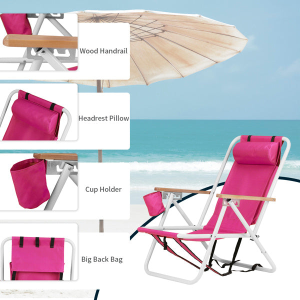 Close-up details of the pink beach chair, highlighting the wooden armrests, headrest pillow, cup holder, and storage bag. Ideal for outdoor use.