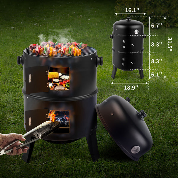 Multi-layer black smoked charcoal oven with dimensions, featuring grilling and smoking capabilities.