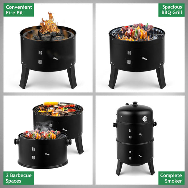 Versatile black charcoal oven used as a fire pit, BBQ grill, and smoker for outdoor cooking.