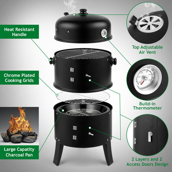 Exploded view of the black smoked charcoal oven, showing its layers, thermometer, and air vent.