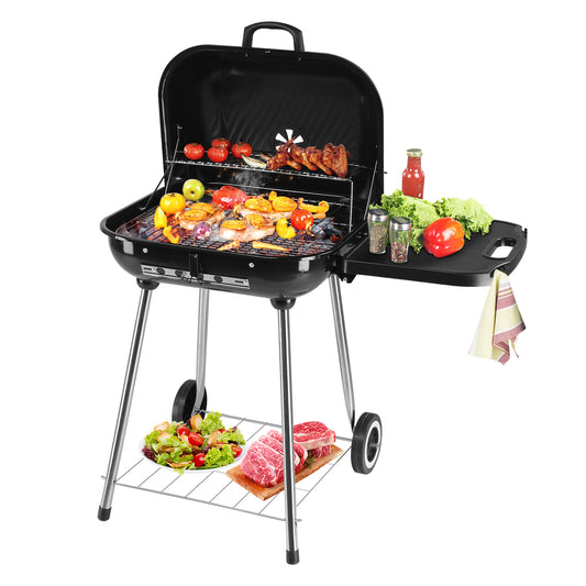 89.5x65x83cm Black, Foldable Side Panels, Square, Charcoal Grill