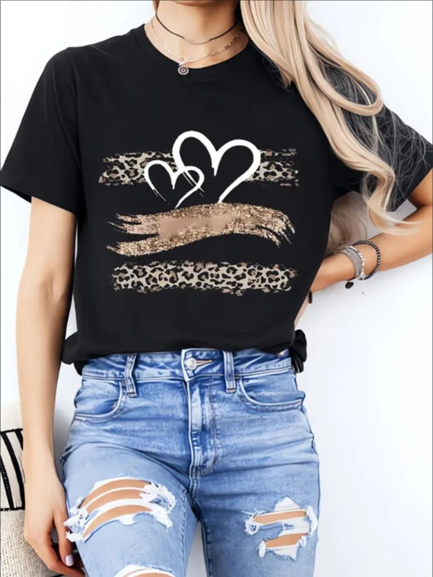 Love Leopard Print Ladies' Casual Loose Short Sleeves, T-shirts, Basic Tops, Unique Rest, Holiday Gifts Are Preferred, For Women's Wear In Spring And Summer, Teenagers And Girls