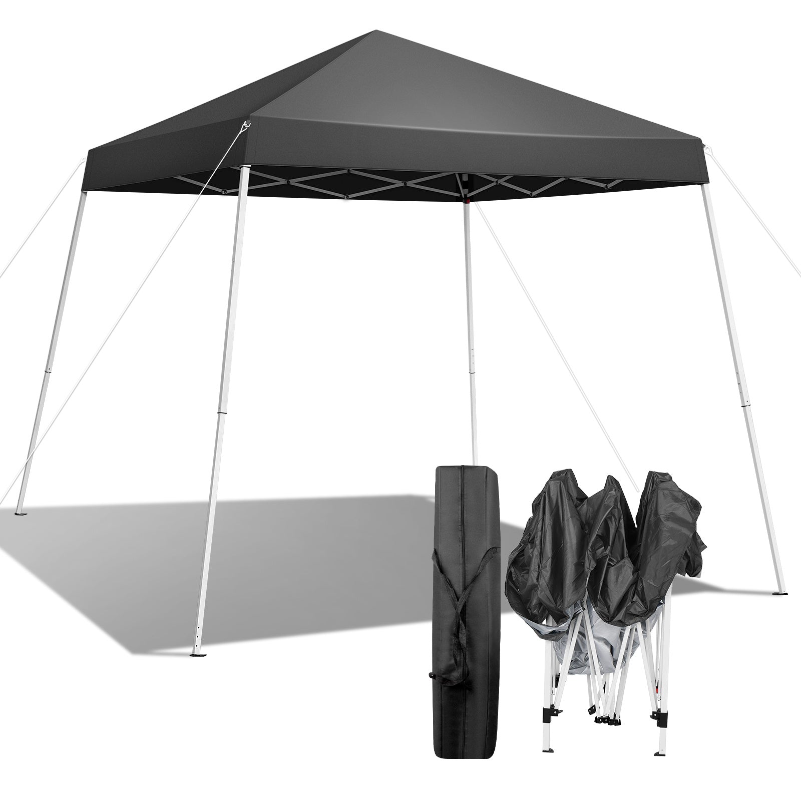 Portable 6X6ft dark gray bevel folding gazebo with Oxford cloth canopy and sprayed iron pipe frame, shown fully assembled and folded with carrying bag.