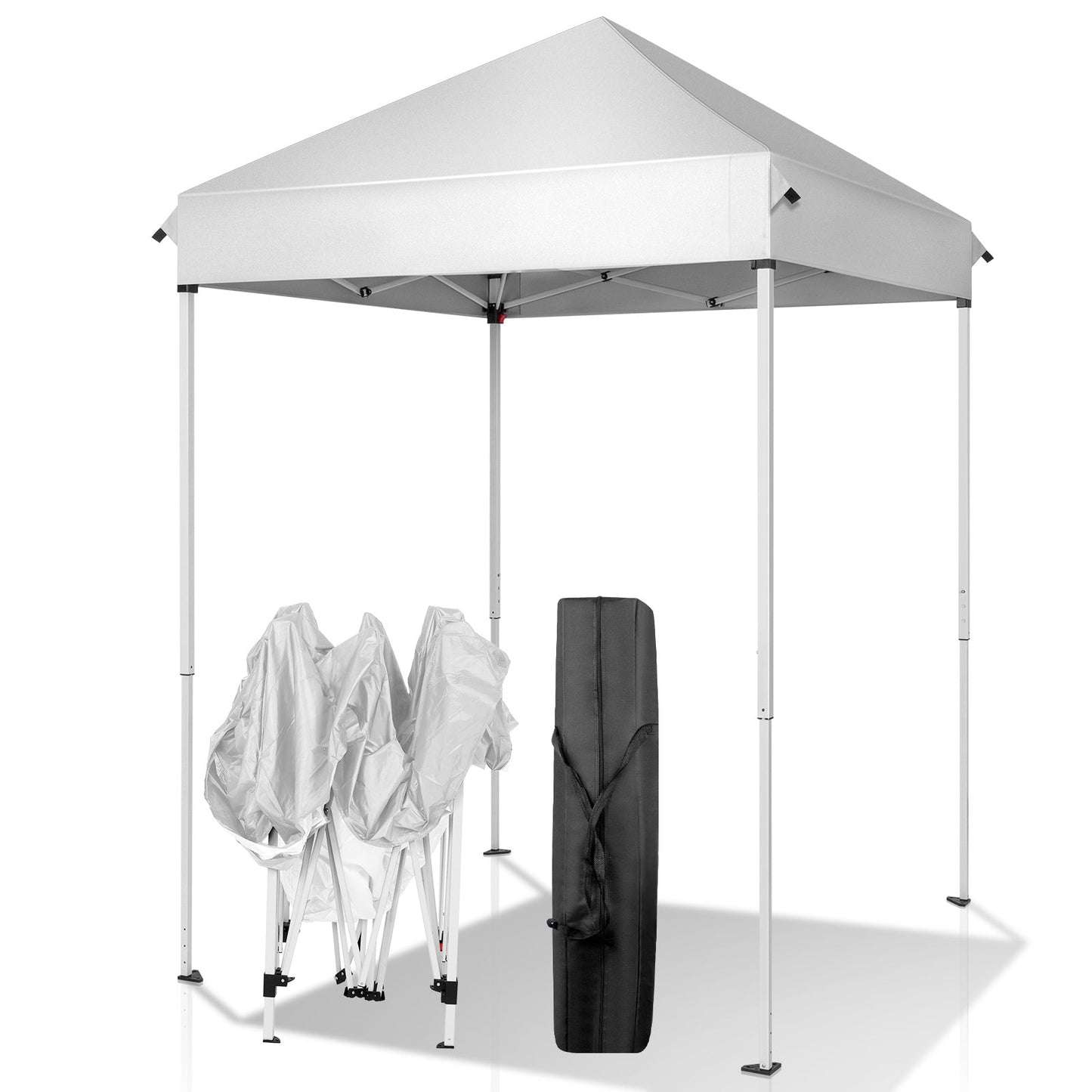 Compact 5X5ft white outdoor awning with a foldable frame and carrying bag. Perfect for portable shade in gardens, patios, and outdoor events.