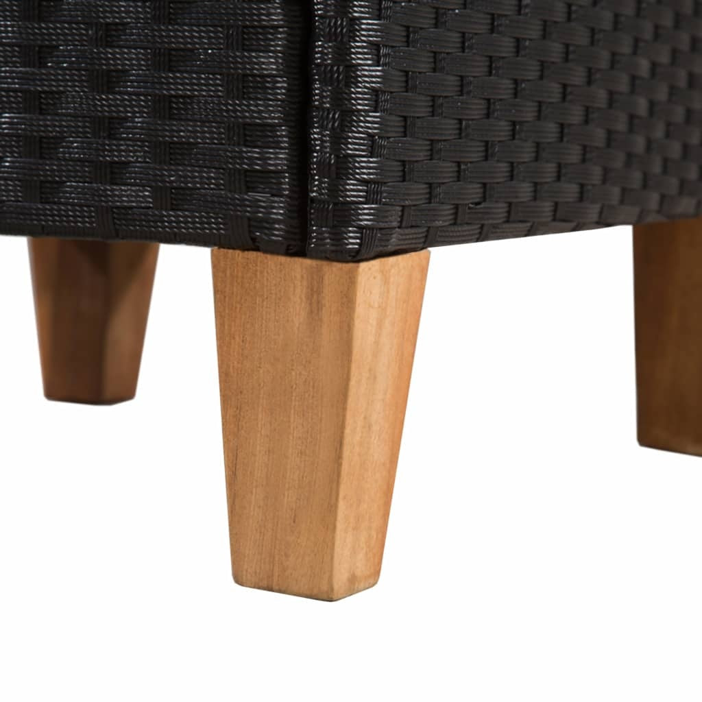 Detailed view of vidaXL patio chair with black poly rattan and solid wooden legs, ideal for stylish outdoor seating.