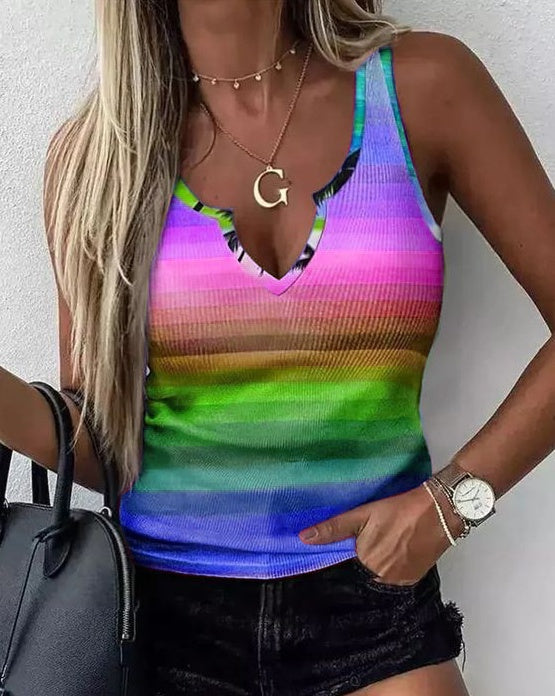 Ladies' V-neck Rainbow Stripe Fashion Tank Top