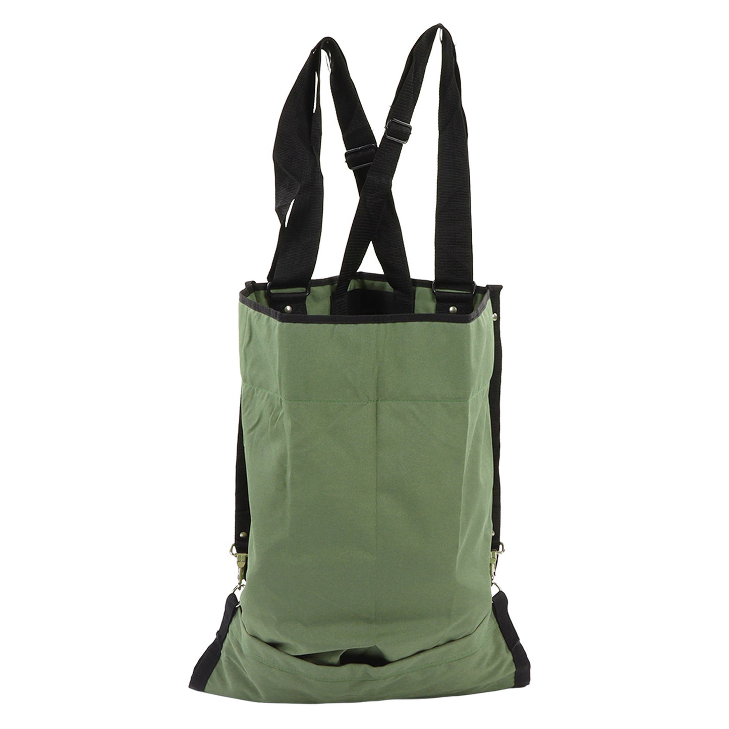 Green fruit picking bag with double buckle straps, made of durable 600D Oxford cloth. Adjustable harvest garden apron ideal for apple picking.