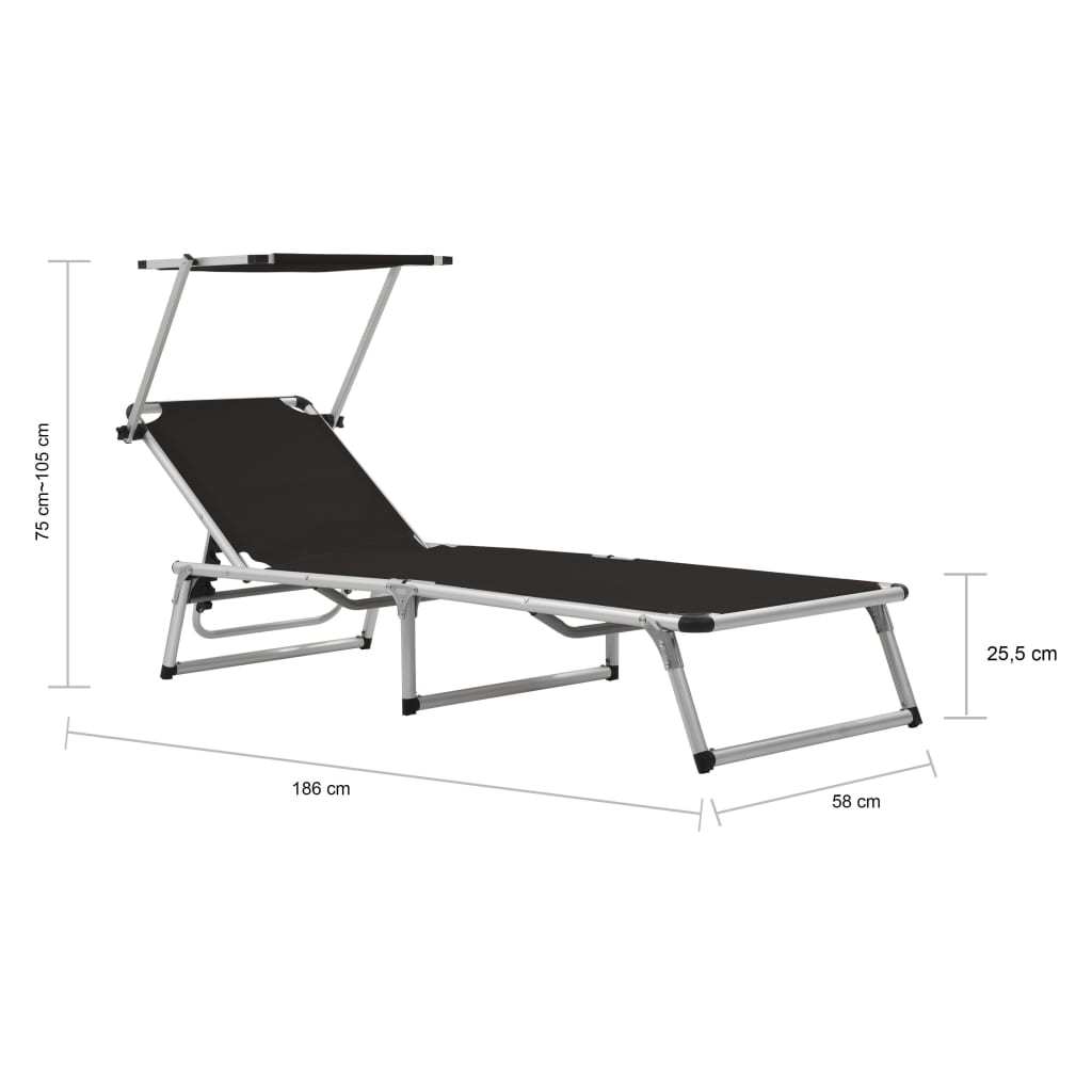 Black vidaXL Folding Sun Lounger with aluminium frame and Textilene fabric. Includes adjustable sunroof and reclining backrest for relaxation.