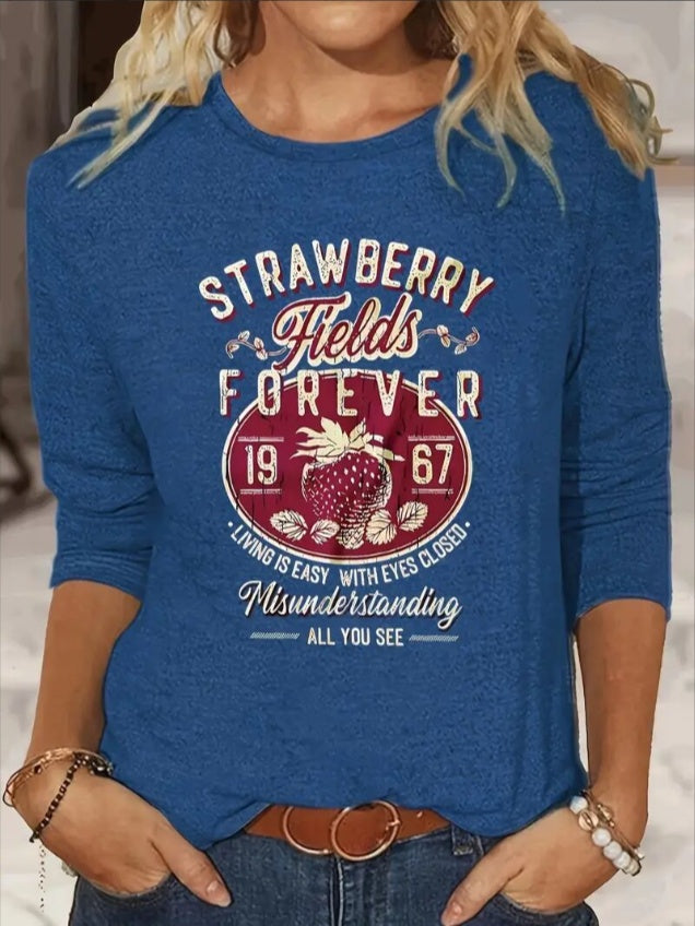 Women's printed long sleeve hoodless sweatshirt in blue with 'Strawberry Fields Forever' vintage graphic design. Casual and stylish for everyday wear.