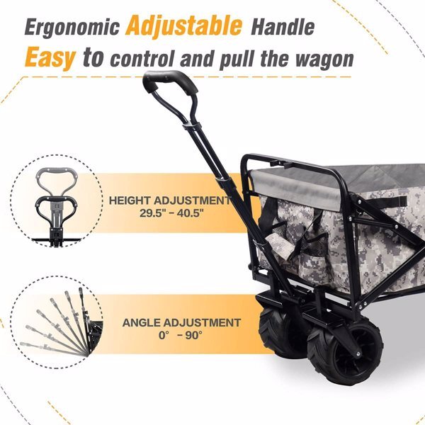 Ergonomic adjustable handle on a foldable ATV wagon, offering height and angle adjustments for easy maneuverability.