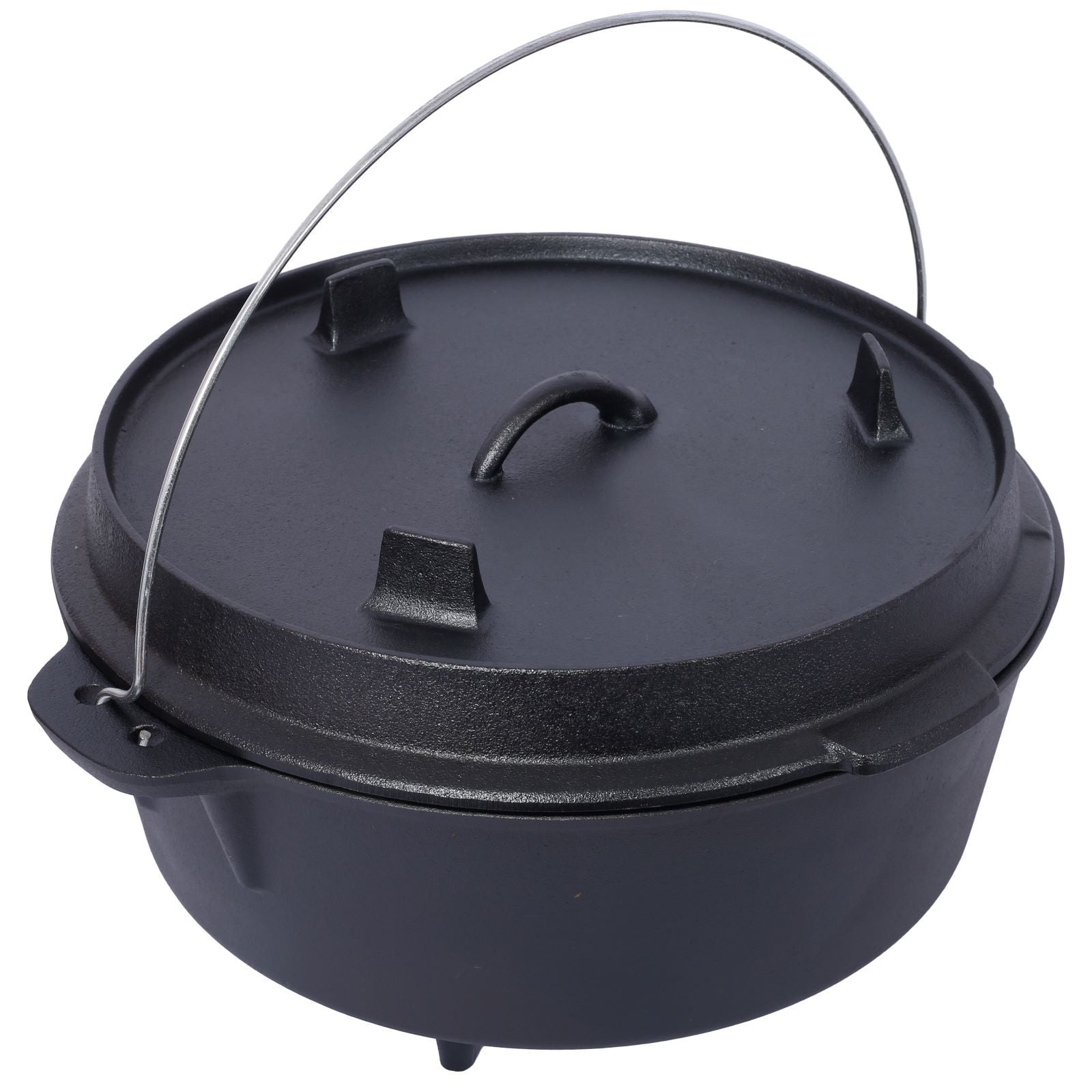 Durable cast iron camping pot with a fitted lid and a metal handle, perfect for outdoor cooking, baking, and barbecuing over an open fire.