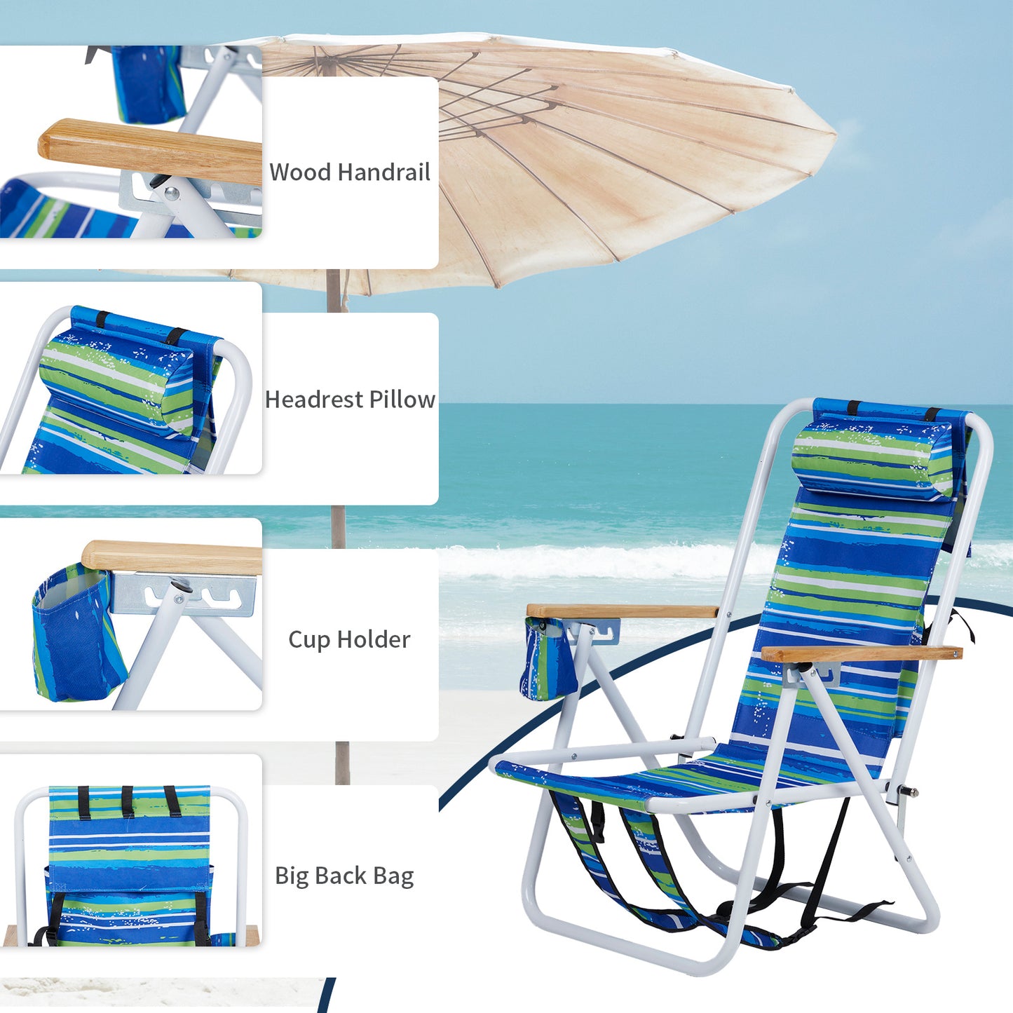 Blue And Green Horizontal Stripes Beach Chair