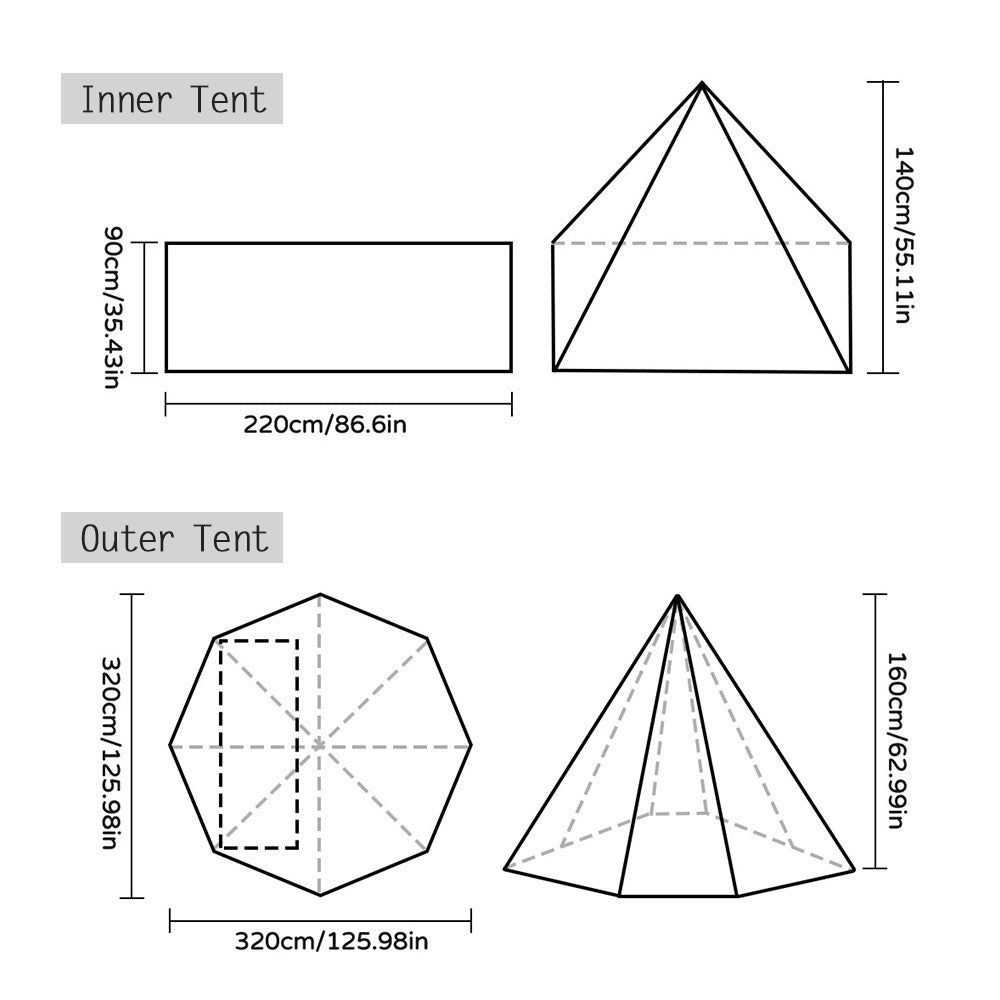 Dimensional diagram of a camping teepee tent, showing inner and outer tent measurements. Perfect for solo camping and hiking trips.