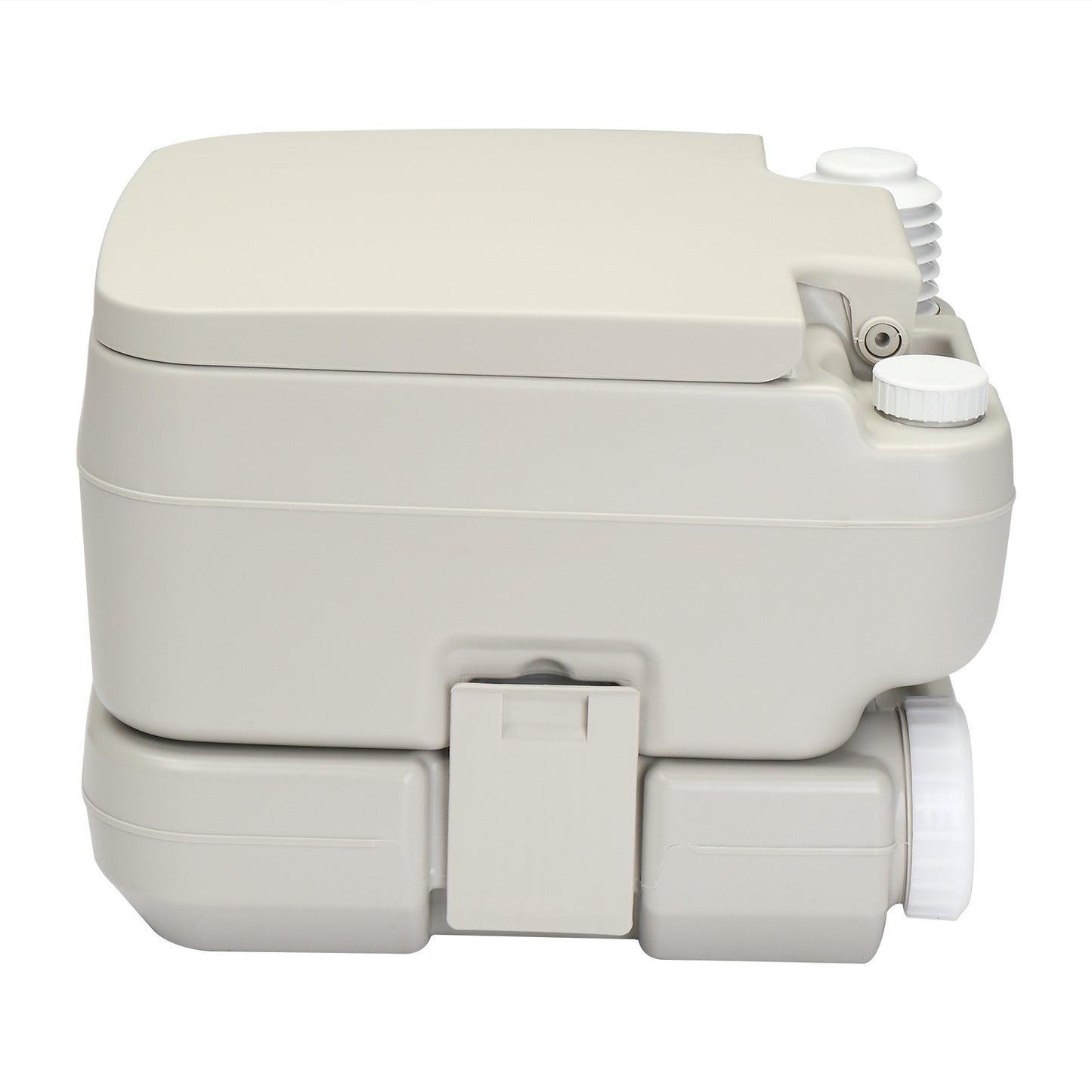 Side angle of the outdoor toilet with T-flush, featuring a secure waste tank and water inlet. Designed for convenience in remote locations.