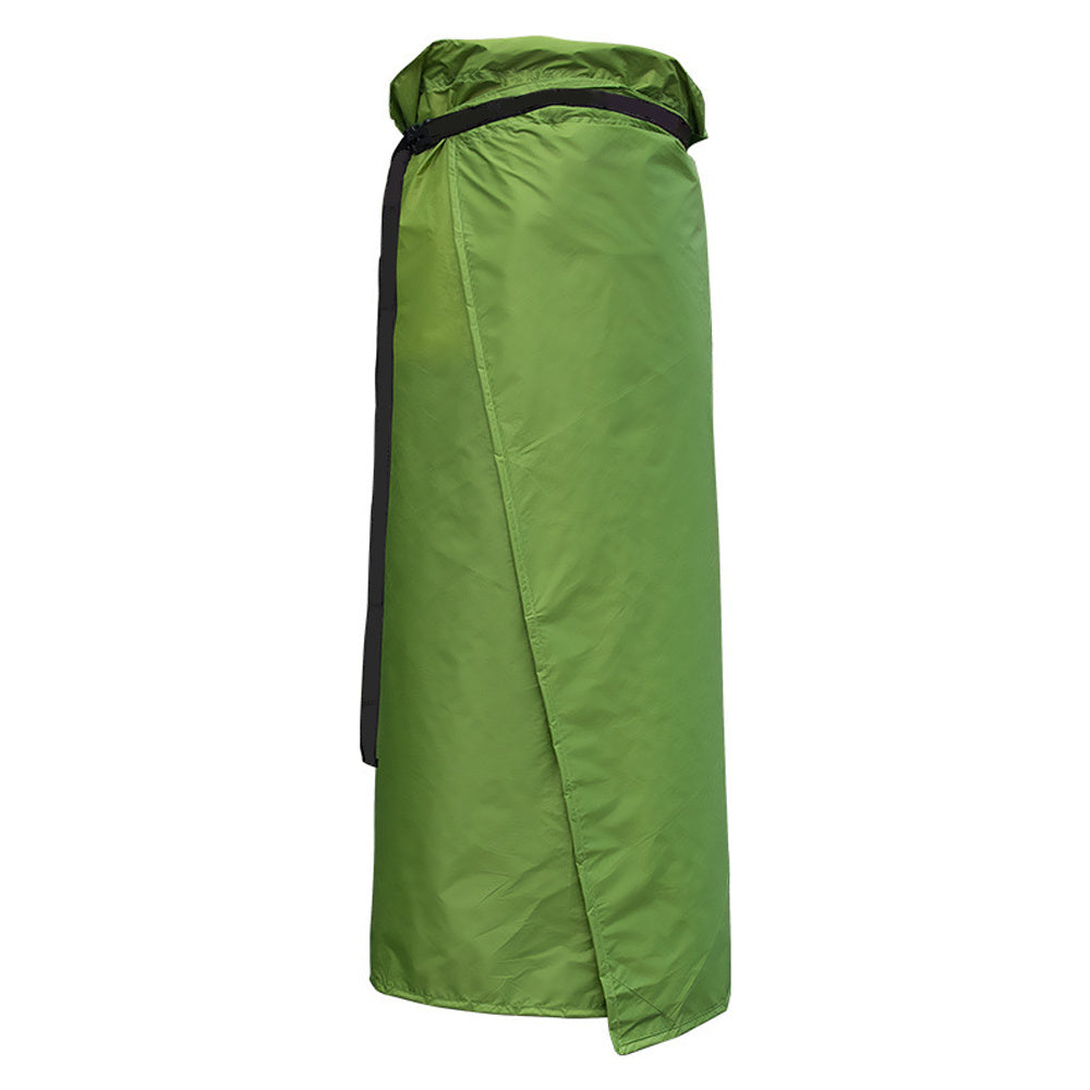 Lightweight green rain skirt for backpacking and hiking, designed for portability with a storage bag. Can also be used as a foldable picnic blanket.