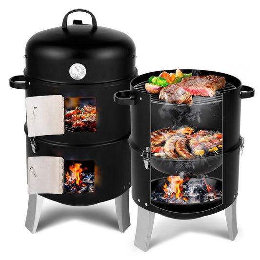 47x41.5x82cm Black, Double-walled, Cylindrical, Smoker, Charcoal Grill