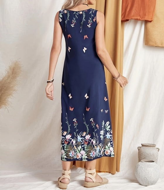 Ladies' Printed Butterfly Round Neck Off Shoulder Fashionable Casual Jumpsuit Long Skirt