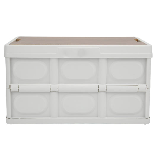 30L outdoor multifunctional folding storage box in white with a thickened removable design and wooden panel lid, ideal for portable outdoor use.