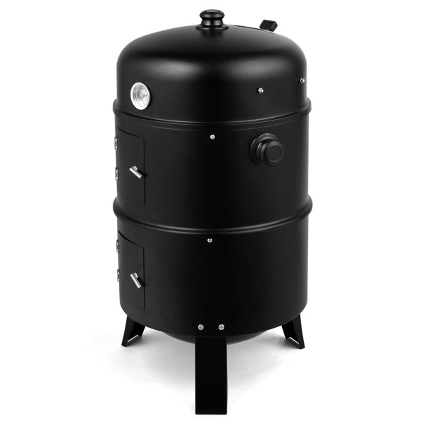 Fully assembled black smoked charcoal oven with a built-in thermometer and access doors.