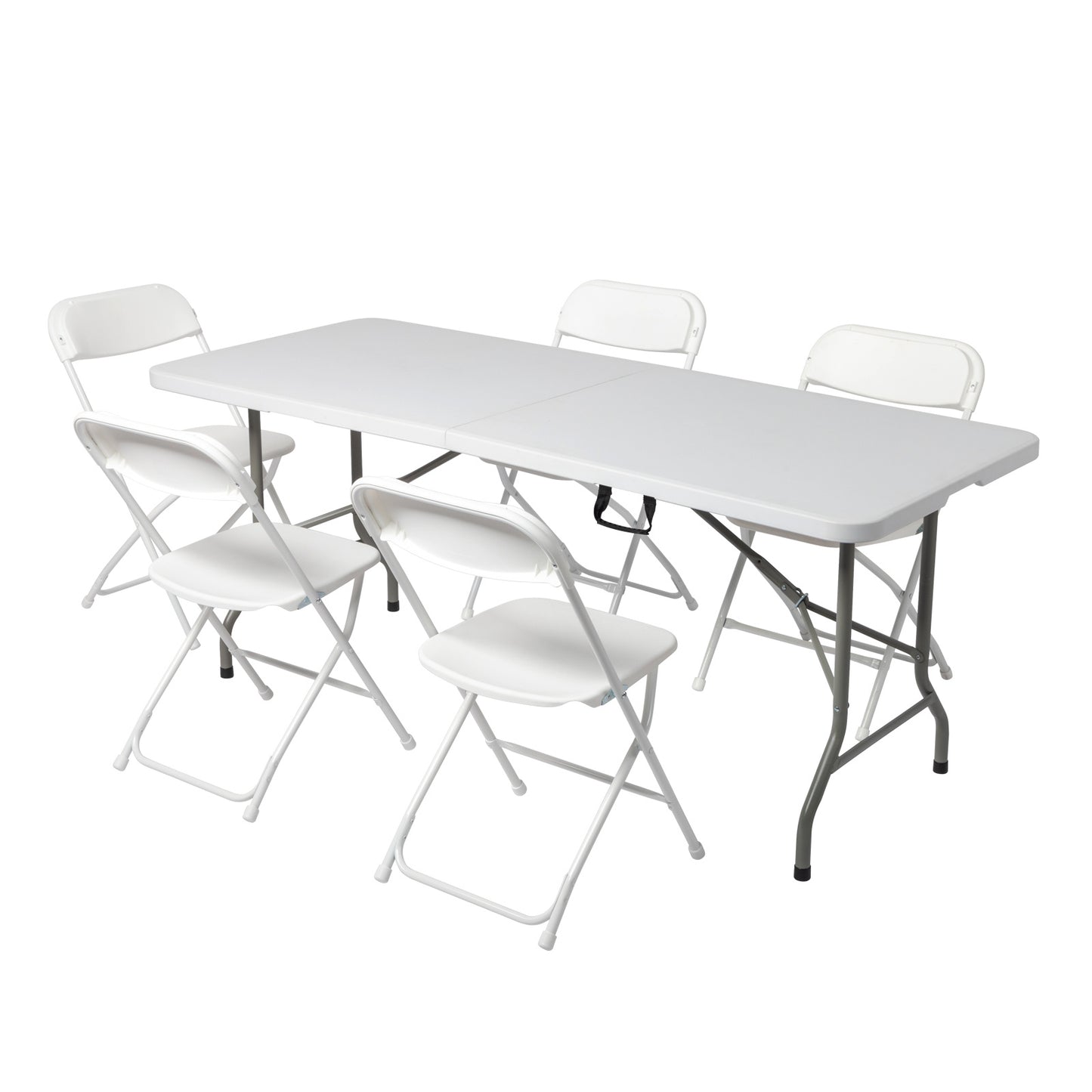 White plastic folding table with matching chairs, perfect for events, meetings, and outdoor lounging.