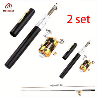 2 sets of high-grade aluminum alloy pocket pen fishing rods with compact design, black finish, and gold reel. Ideal for portable outdoor fishing.