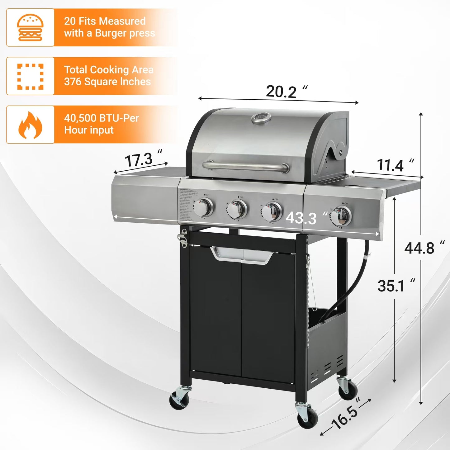 Gas grill dimensions and specifications, including 376 square inches of cooking area, 40,500 BTU output, and a built-in temperature gauge.