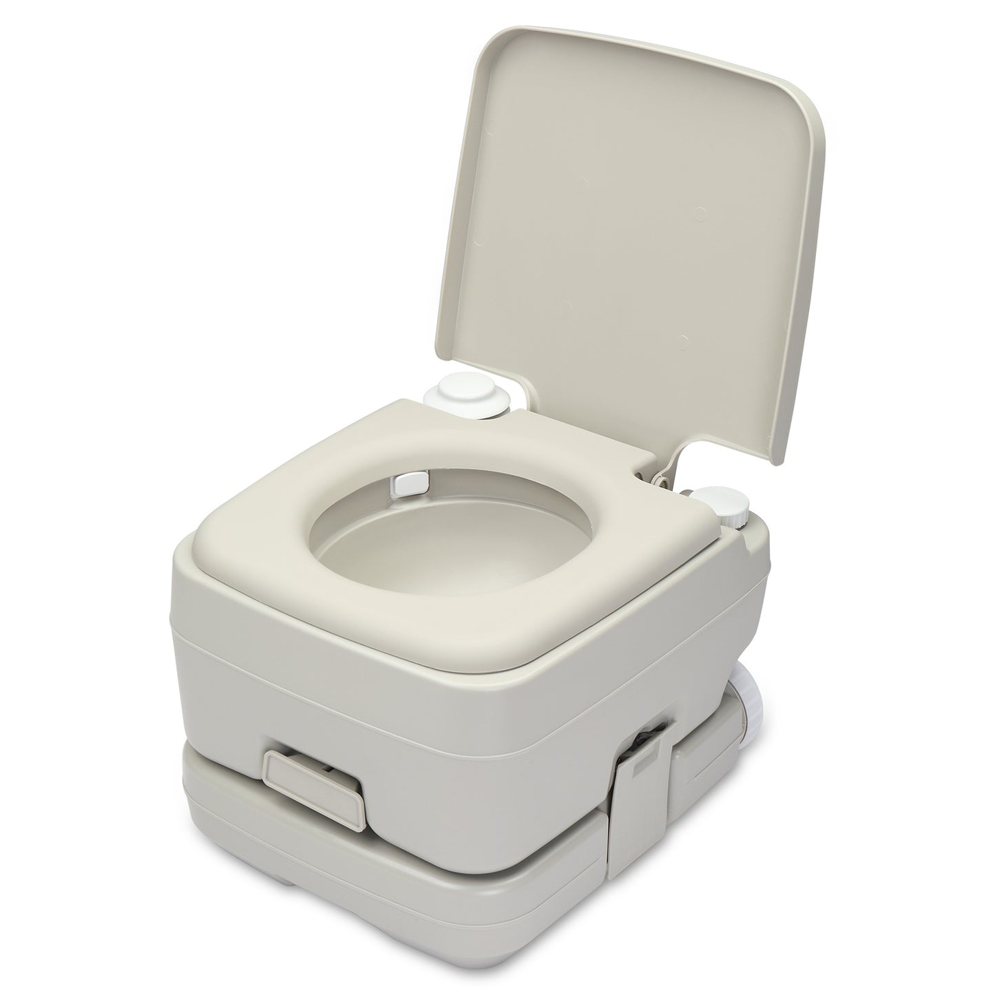 Portable outdoor toilet with an open lid, showcasing its ergonomic seat and easy-to-use flushing system. Ideal for camping and travel needs.