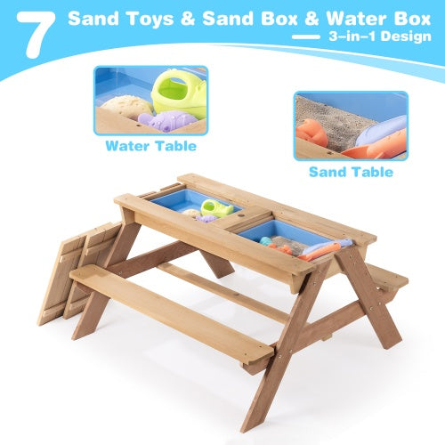 3-in-1 Kids Outdoor Wooden Picnic Table With Umbrella, Convertible Sand And Water Kettle