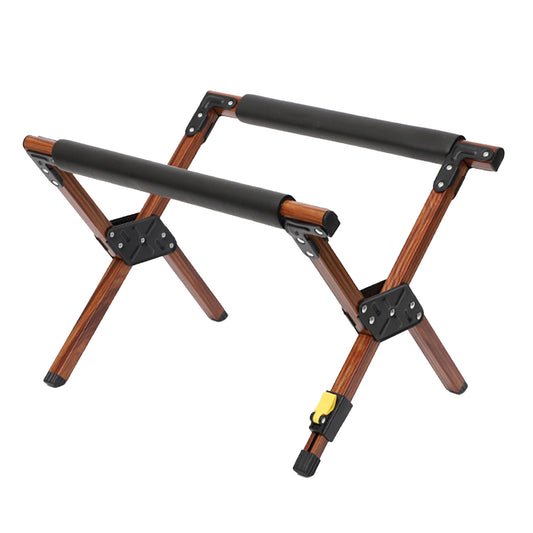 Folding cooler stand frame made of aluminum alloy with a wood grain finish. Adjustable, foldable, and portable, ideal for outdoor camping ice box support.