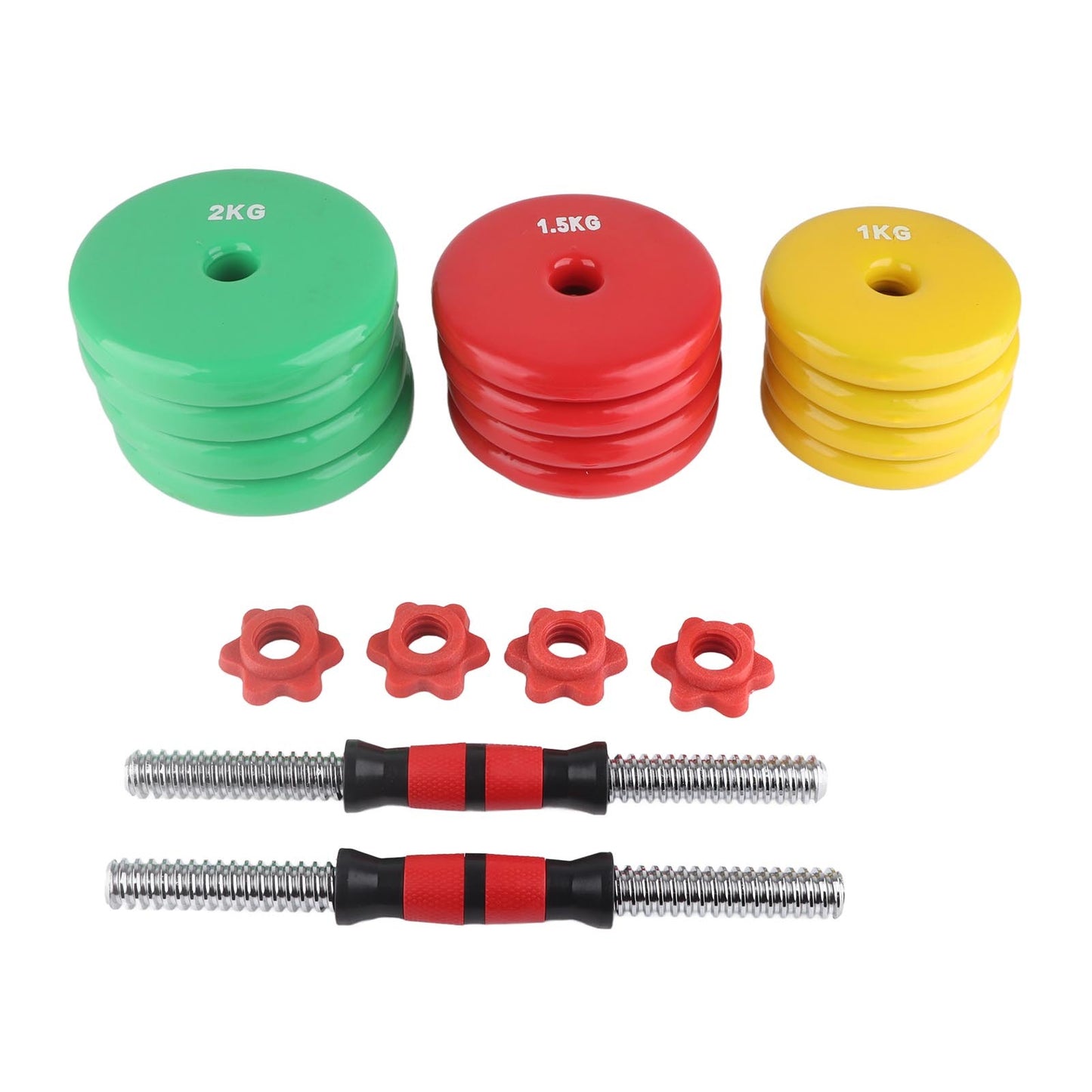 Colorful removable non-slip grip dumbbell set with adjustable weight plates (20KG) for home and gym workouts. Includes red, green, and yellow plates with secure locking collars.