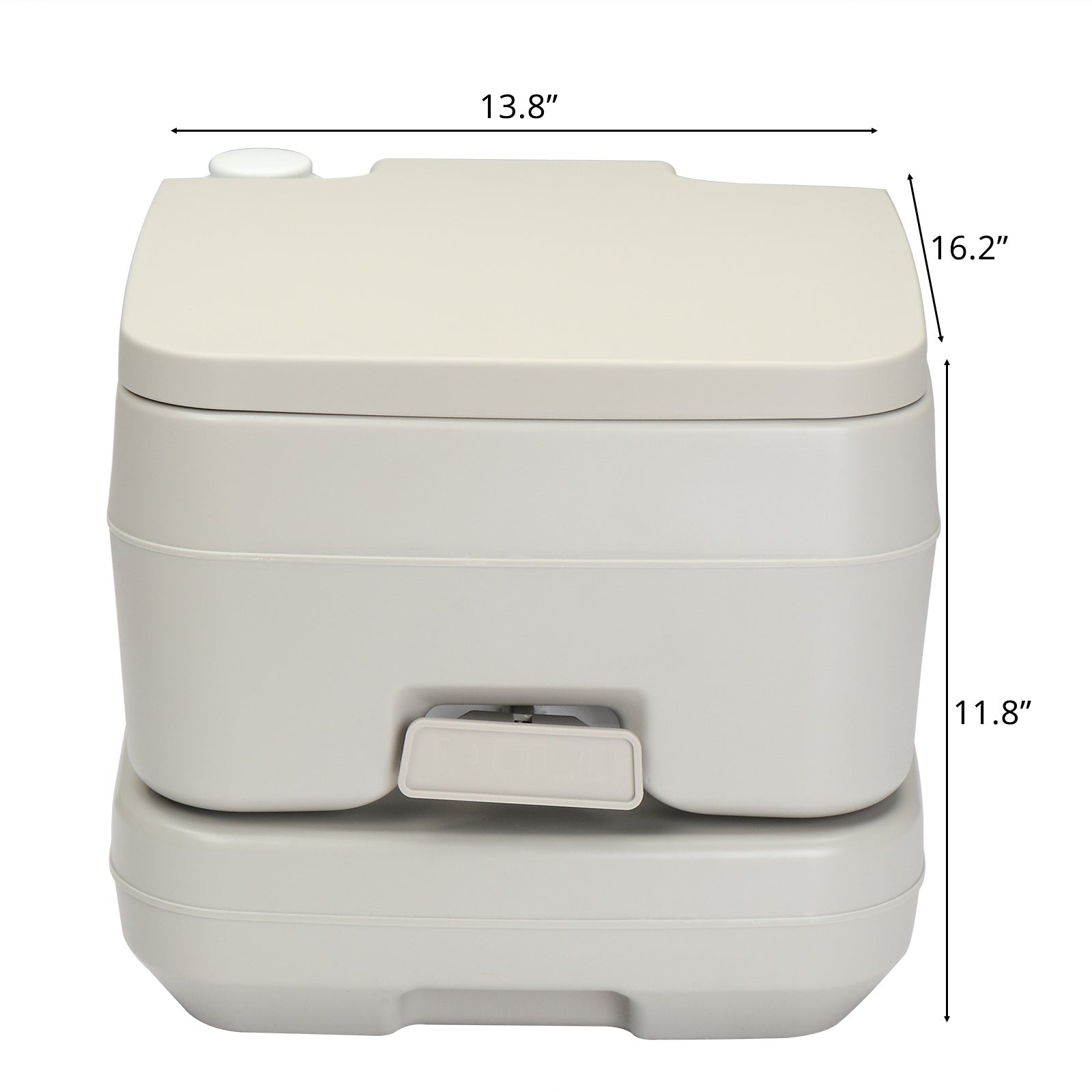 Outdoor toilet with T-flush and dimensions labeled, showing its compact size for easy transport and storage. Ideal for camping and boating trips.